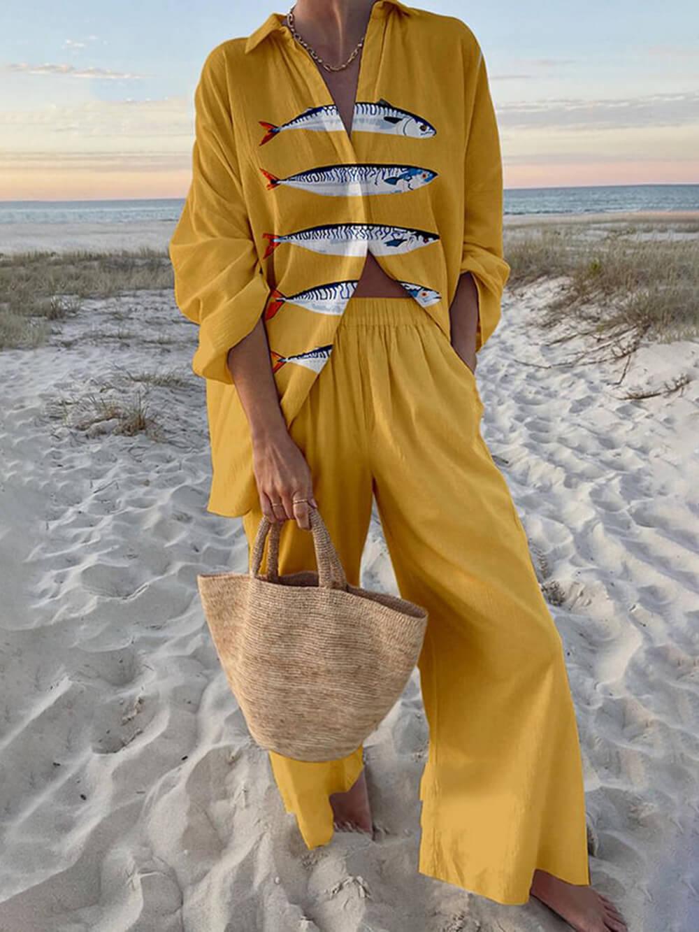 Ocean Print Oversized Shirt and Elastic Waist Pocket Pants Set