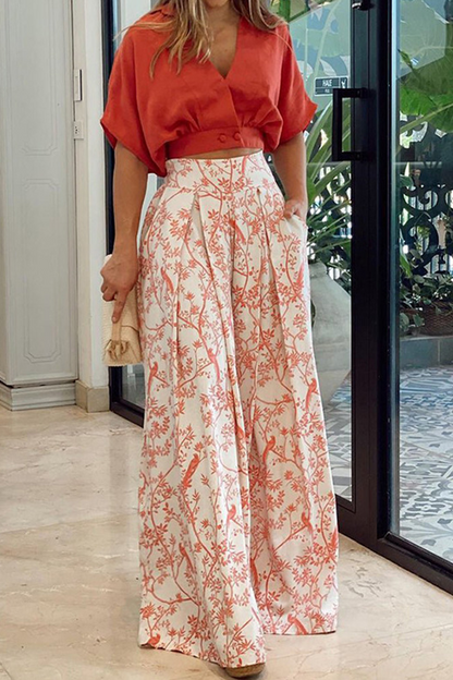 Two-Piece Set with V-Neck Blouse and Wide-Leg Pants