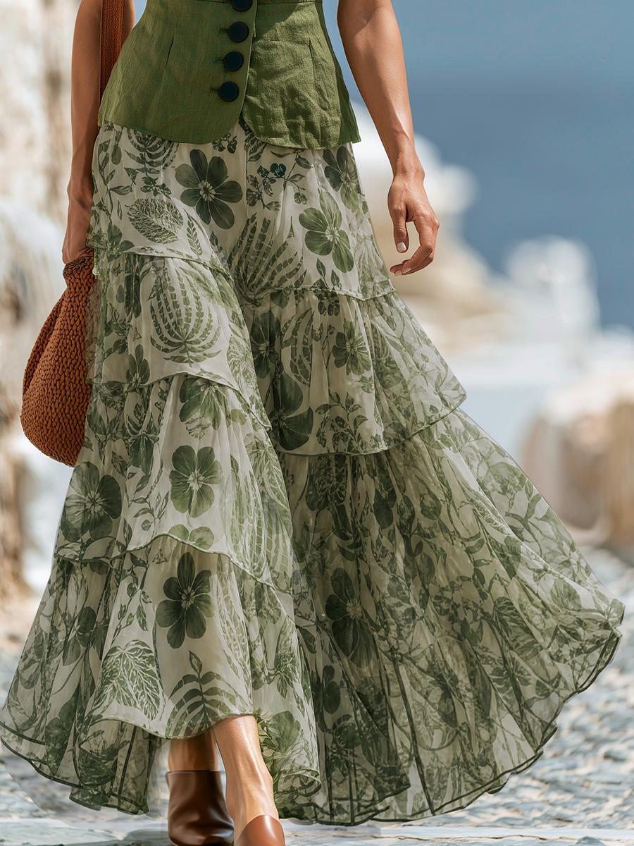 Olive Sleeveless Blazer Vest & Green Floral Boho Tiered Maxi Skirt Two Piece Set
