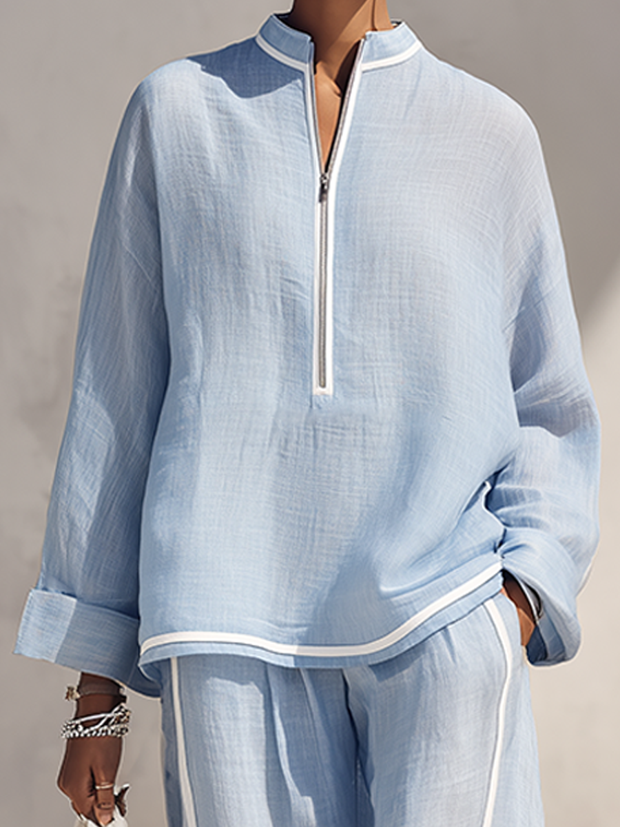 Women's Light‑Blue Linen Stand‑Collar Half‑Zip Oversized Top & Wide‑Leg Pants Set