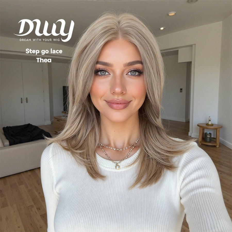 NEW Step Go Lace Free Part Mid-Length Layered Mixed Blonde Highlighted Glueless Wig