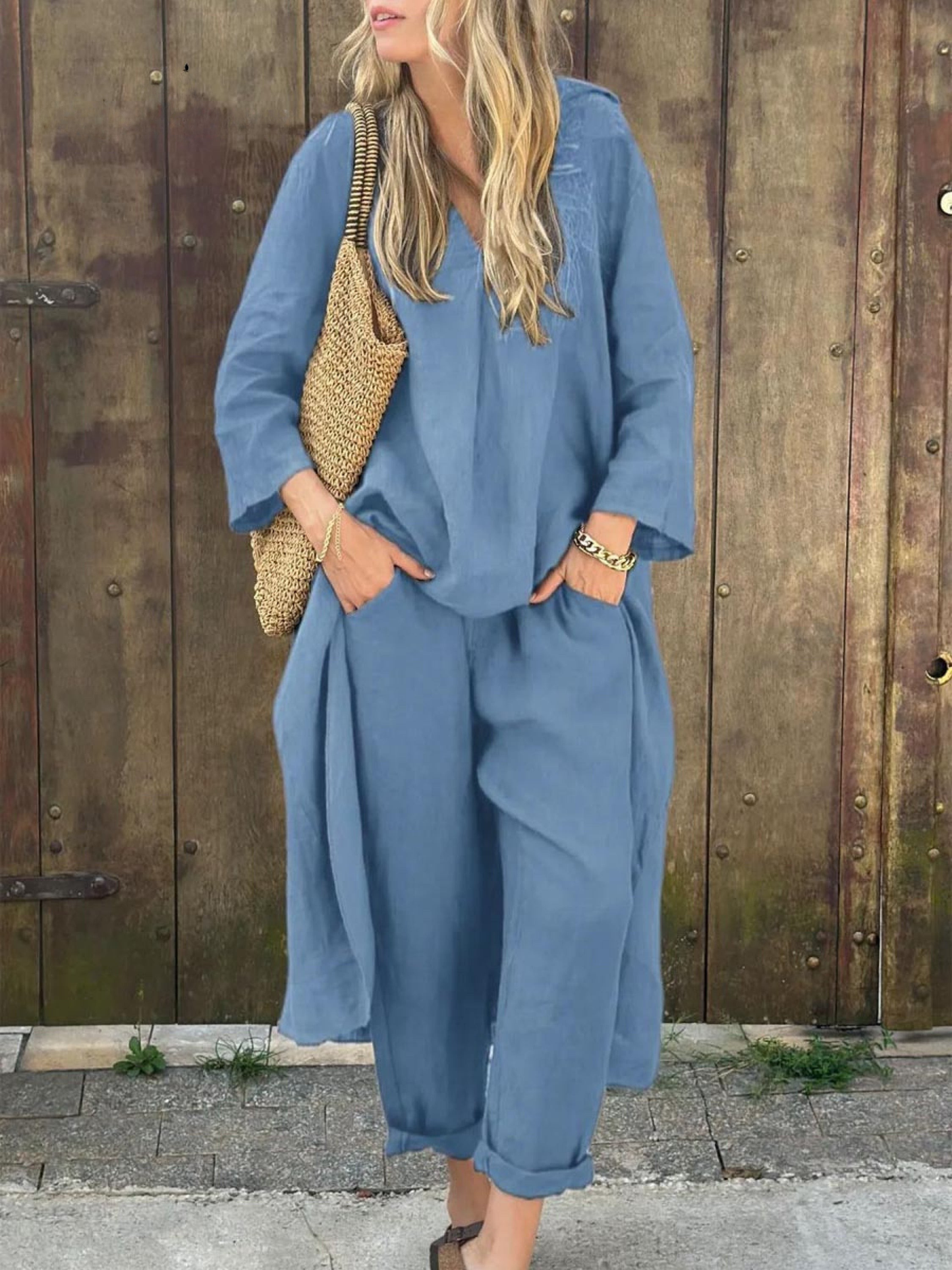 Linen Irregular Loose V-neck Top and High-Waisted Pocket Wide-leg Pants Set