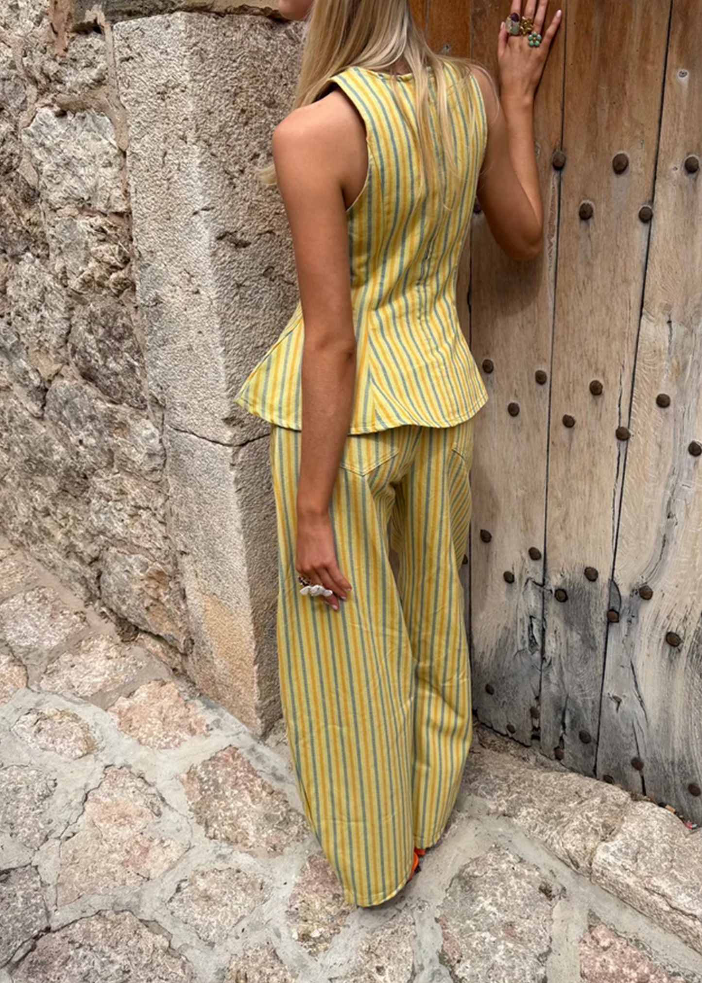 Yellow Striped Sleeveless Ruffle Top Loose Pant Set