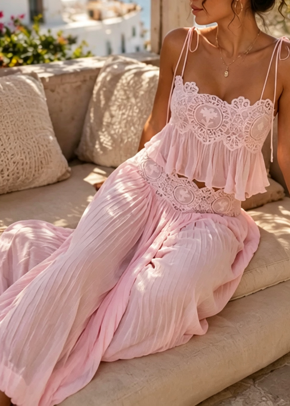 Pink Lace Cami Top Lantern Pant Set