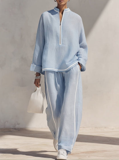 Women's Light‑Blue Linen Stand‑Collar Half‑Zip Oversized Top & Wide‑Leg Pants Set