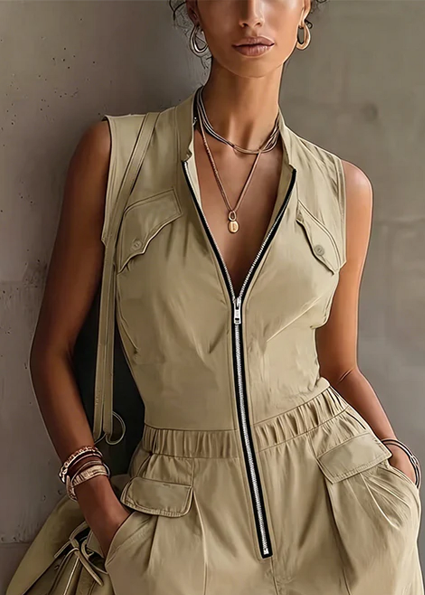 Beige Sleeveless Casual Utility Mini Dress