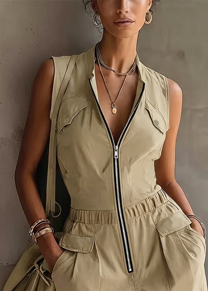 Beige Sleeveless Casual Utility Mini Dress