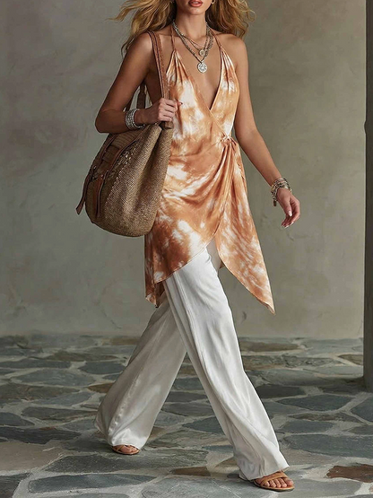 Orange Halter V Neck Top White Wide Leg Pant Set
