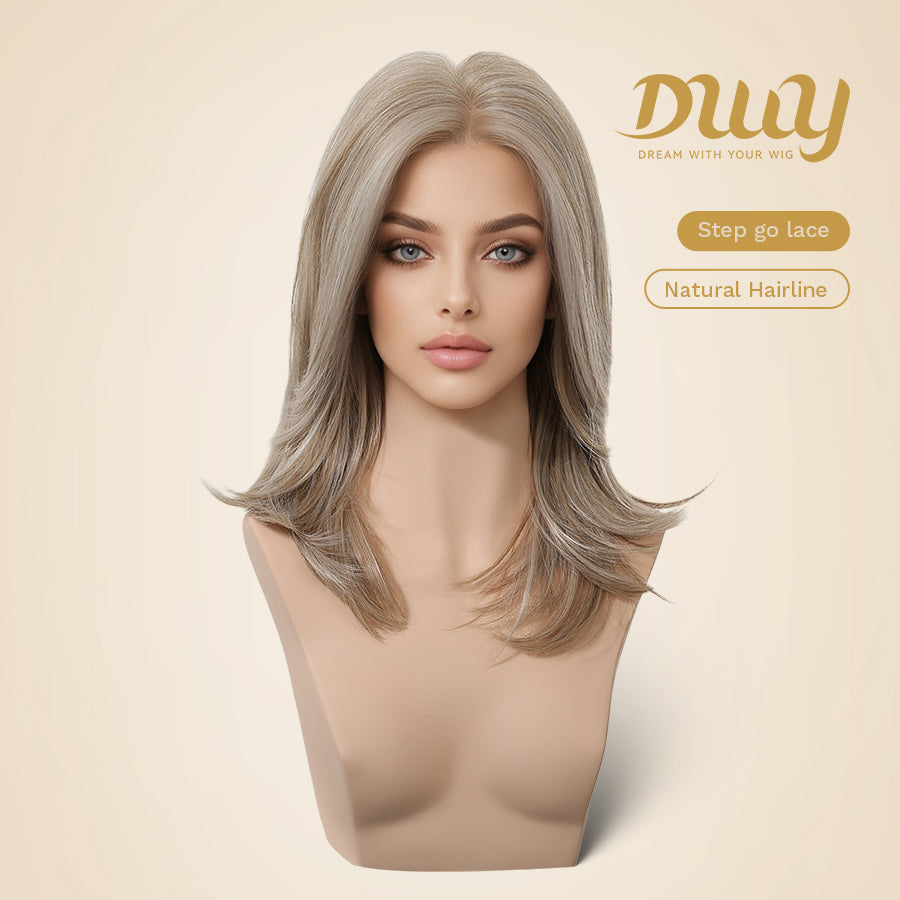NEW Step Go Lace Free Part Mid-Length Layered Mixed Blonde Highlighted Glueless Wig