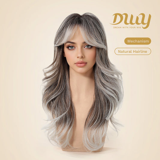 Simone -DWY Long-length Layer-cut Wave Ash Grey Gradient Glueless Synthetic Wig
