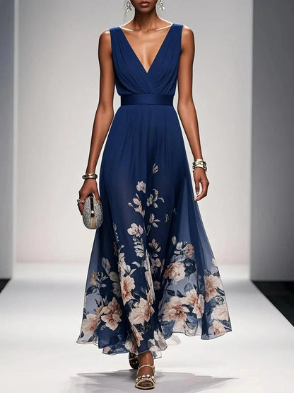 Light Blue Floral Chiffon V Neck Sleeveless A-Line Maxi Dress