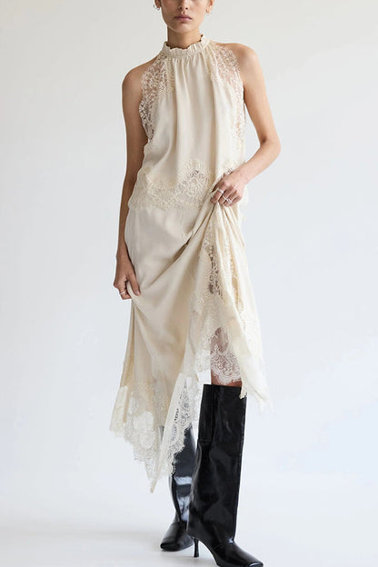 Lace Pleated Collar Top + Irregular Slit Skirt Set