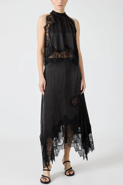 Lace Pleated Collar Top + Irregular Slit Skirt Set