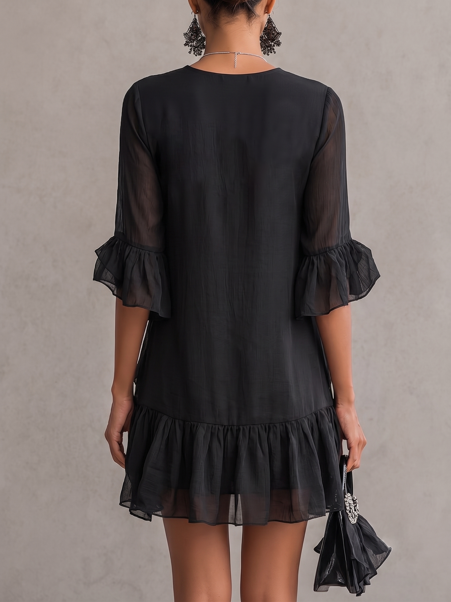 Black Ruffled Chiffon Lace Mini Dress