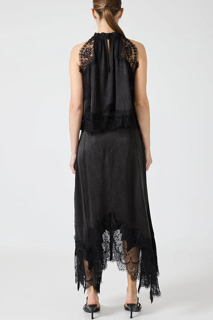 Lace Pleated Collar Top + Irregular Slit Skirt Set