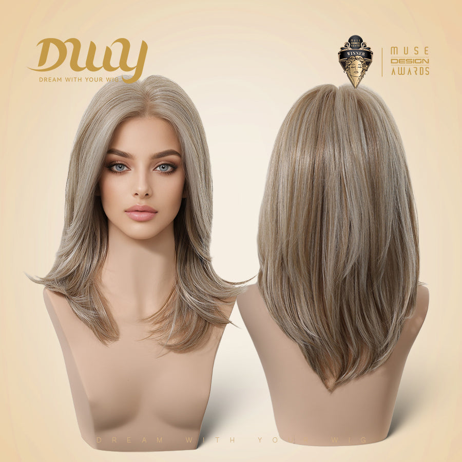 NEW Step Go Lace Free Part Mid-Length Layered Mixed Blonde Highlighted Glueless Wig
