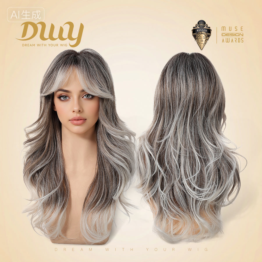 Simone -DWY Long-length Layer-cut Wave Ash Grey Gradient Glueless Synthetic Wig