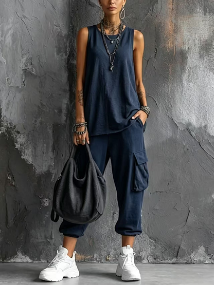 Dark Gray Vest And Jogger Cargo Pants Casual Suit