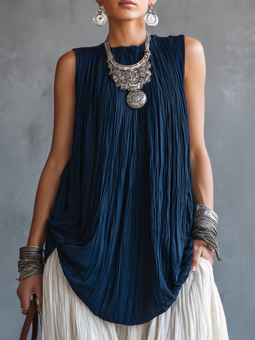 Sleeveless Pleated Top And Lantern Pants Loose Casual Two-Piece Set
