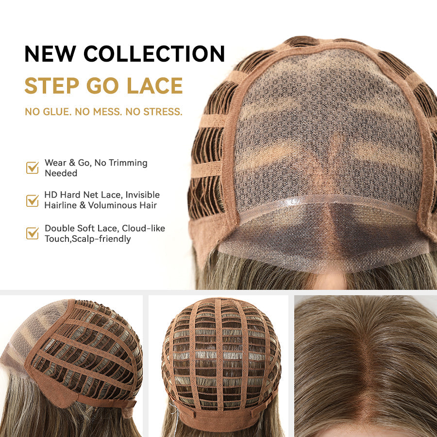 NEW Step Go Lace Free Part Mid-Length Layered Mixed Blonde Highlighted Glueless Wig