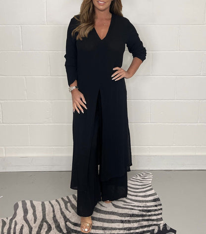 Two-piece Casual Long Top and Matching Pants Set