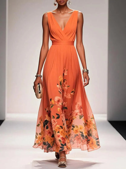 Light Blue Floral Chiffon V Neck Sleeveless A-Line Maxi Dress