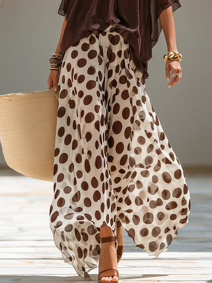 Vacation short-sleeve top and polka-dot wide-leg trousers chiffon set