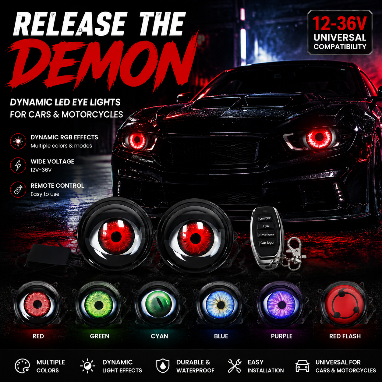 🔥 Dynamic Demon Eye LED Projector Lights – RGB Car Headlight Upgrade for Cars & Motorcycles