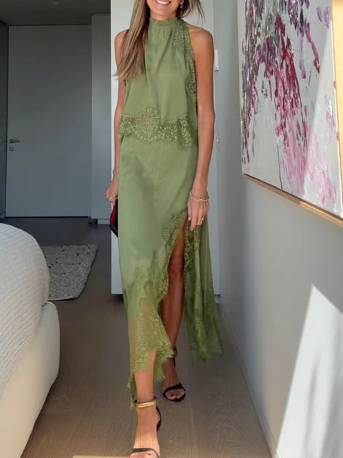Lace Pleated Collar Top + Irregular Slit Skirt Set