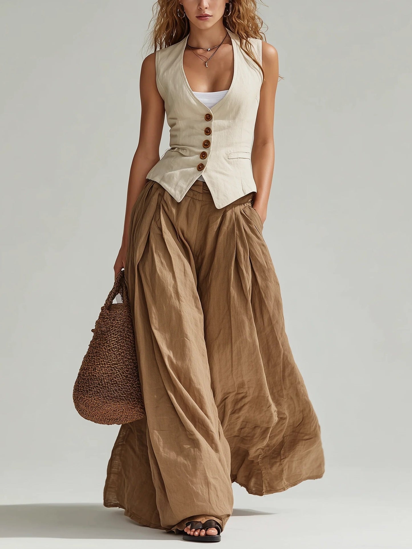 Casual beige vest and brown loose wide-leg trousers set