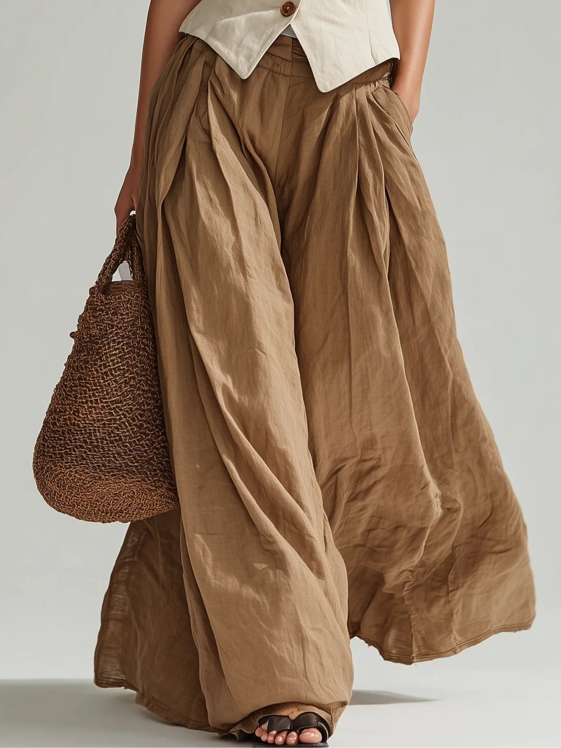 Casual beige vest and brown loose wide-leg trousers set