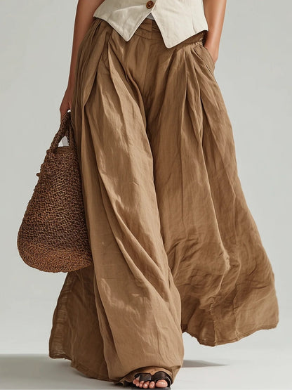 Casual beige vest and brown loose wide-leg trousers set
