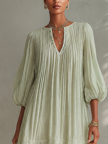Light Green Ppleated Chiffon Lantern Sleeve Lace Mini Dress