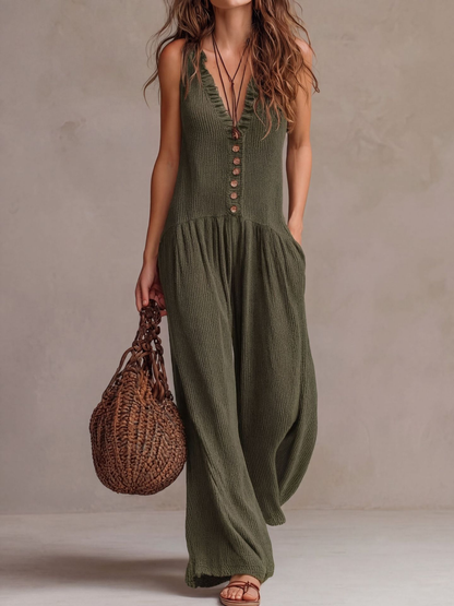 Retro Ruffled V-neck Wide-leg Jumpsuit