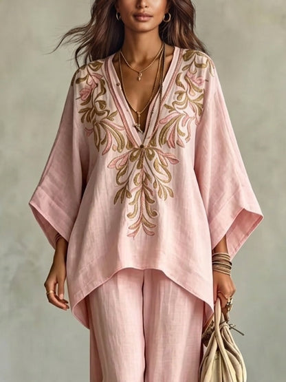 Light Pink Embroidered Batwing Sleeve Shirt And Wide-leg Pants Two-piece Set
