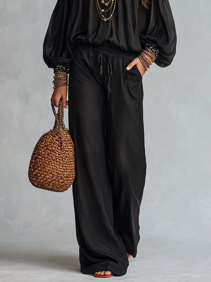 Black Off-the-shoulder Sequined Top Paired With Drawstring Wide-leg Pants Set