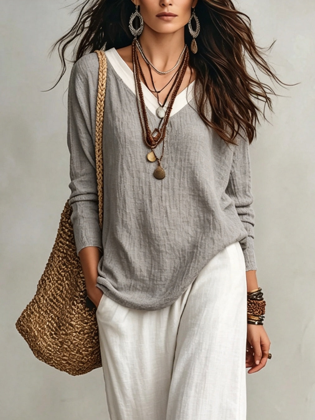Grey V-neck Faux-layered Top And White Elastic-waist Wide-leg Pants Set