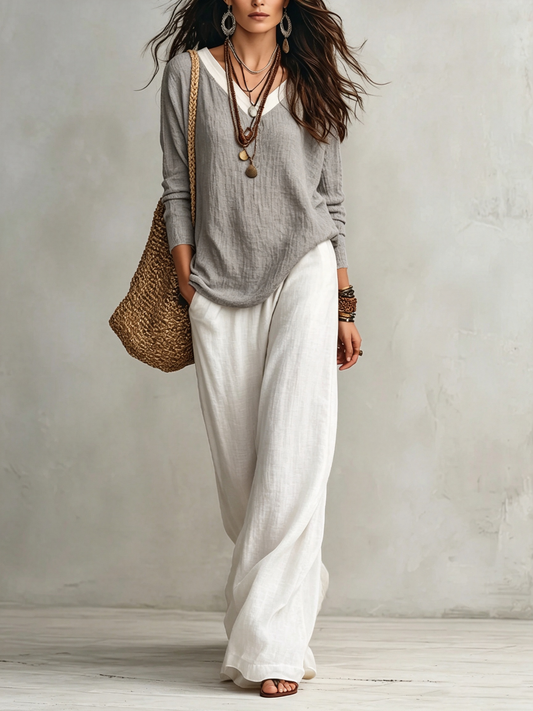 Grey V-neck Faux-layered Top And White Elastic-waist Wide-leg Pants Set