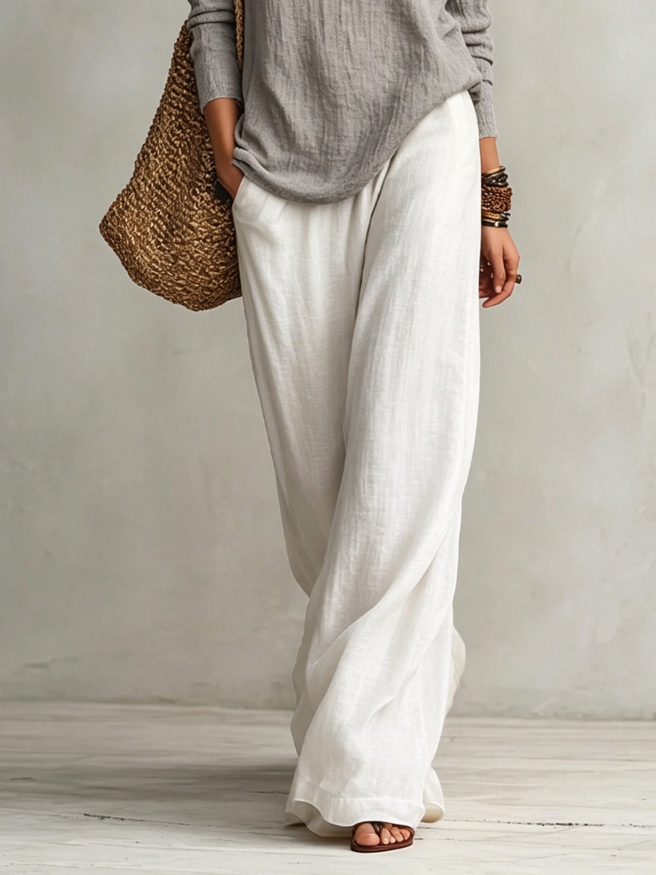 Grey V-neck Faux-layered Top And White Elastic-waist Wide-leg Pants Set