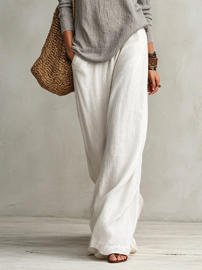 Grey V-neck Faux-layered Top And White Elastic-waist Wide-leg Pants Set
