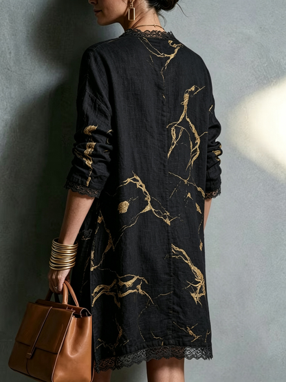 Black Gold Printed V-neck Lace-trimmed Mini Dress