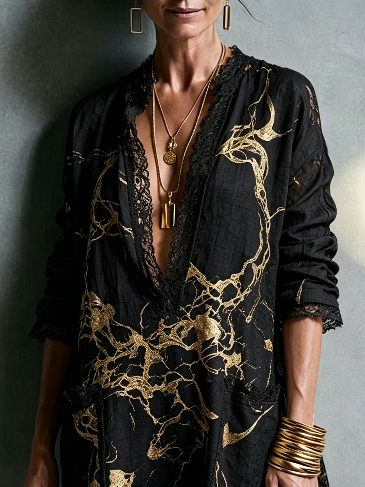 Black Gold Printed V-neck Lace-trimmed Mini Dress