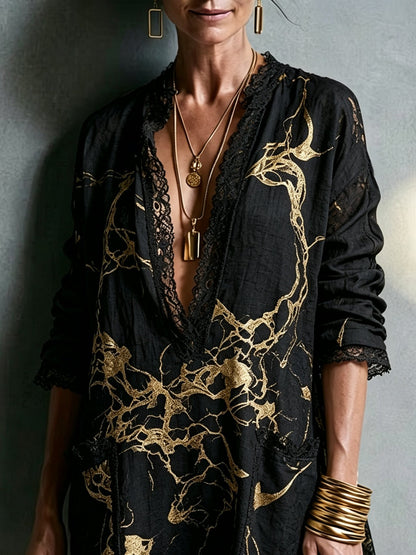 Black Gold Printed V-neck Lace-trimmed Mini Dress