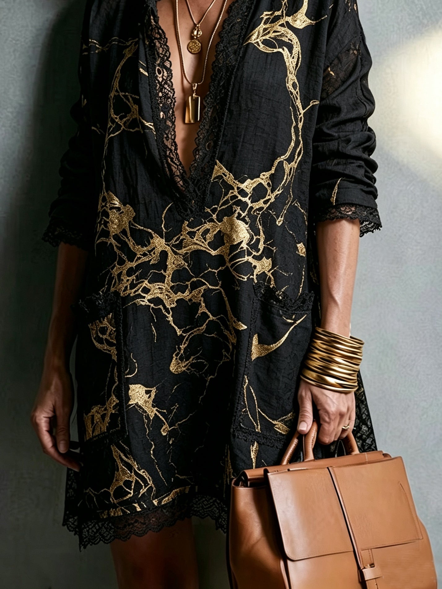 Black Gold Printed V-neck Lace-trimmed Mini Dress