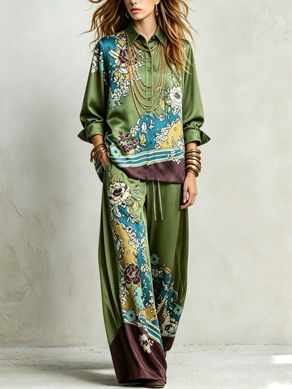 Bohemian Green Floral Print Shirt And Drawstring Wide-leg Pants Suit