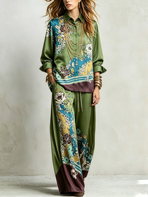 Bohemian Green Floral Print Shirt And Drawstring Wide-leg Pants Suit