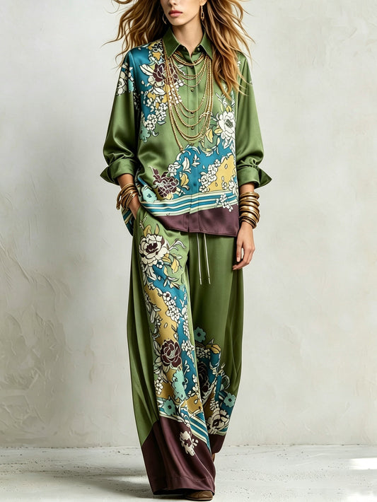 Bohemian Green Floral Print Shirt And Drawstring Wide-leg Pants Suit