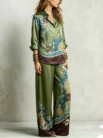 Bohemian Green Floral Print Shirt And Drawstring Wide-leg Pants Suit