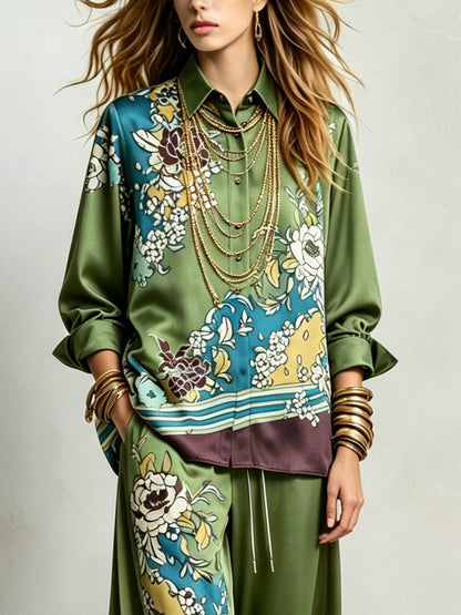 Bohemian Green Floral Print Shirt And Drawstring Wide-leg Pants Suit