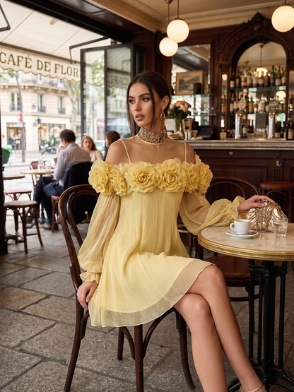 Romantic Yellow 3D Floral Pleated Chiffon Mini Dress for Special Occasions